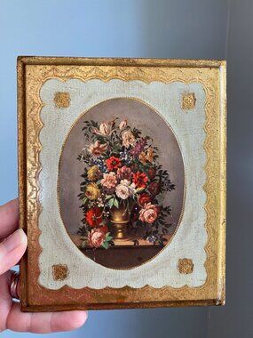 Vintage Italian Florentine Gold Gilt Wood Plaque With Floral Still Life Made In